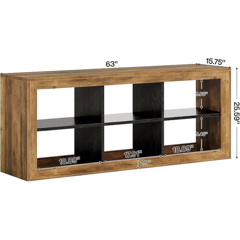 6 Cube Horizontal Bookshelf with Storage, 63" Long Wooden Cubby Bookcase - 63" Wx 15.75" D x 25.59" H