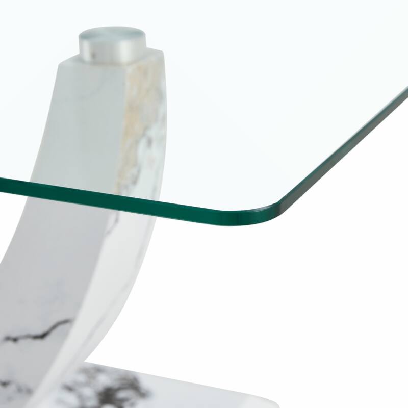 glass coffee table with marble patterned MDF legs and stainless steel decorative columns