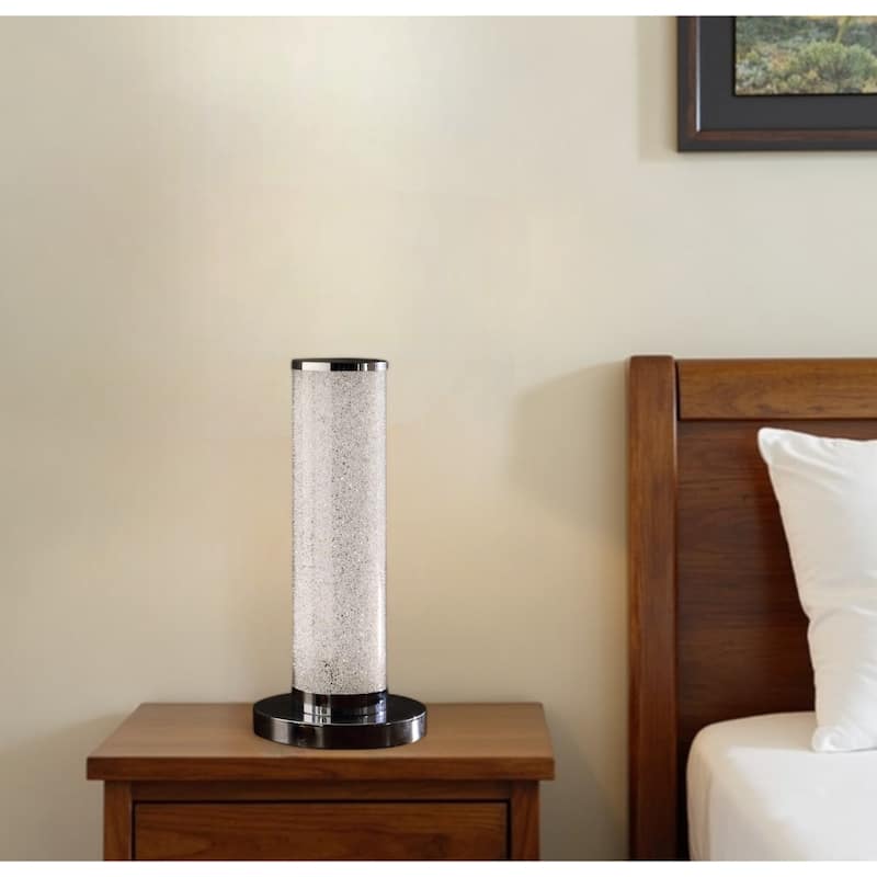Black Metal LED Bedside Lamp with White Acrylic Drum Shade and Crystal Sand - 6” x 6” x 13” (D x W x H)
