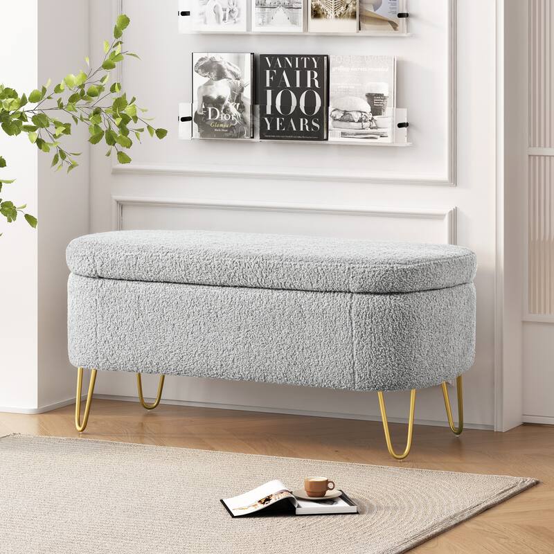 Oval Storage Bench for Living Room Bedroom End of Bed, Upholstered Storage Ottoman Entryway Bench With Metal Legs - Grey