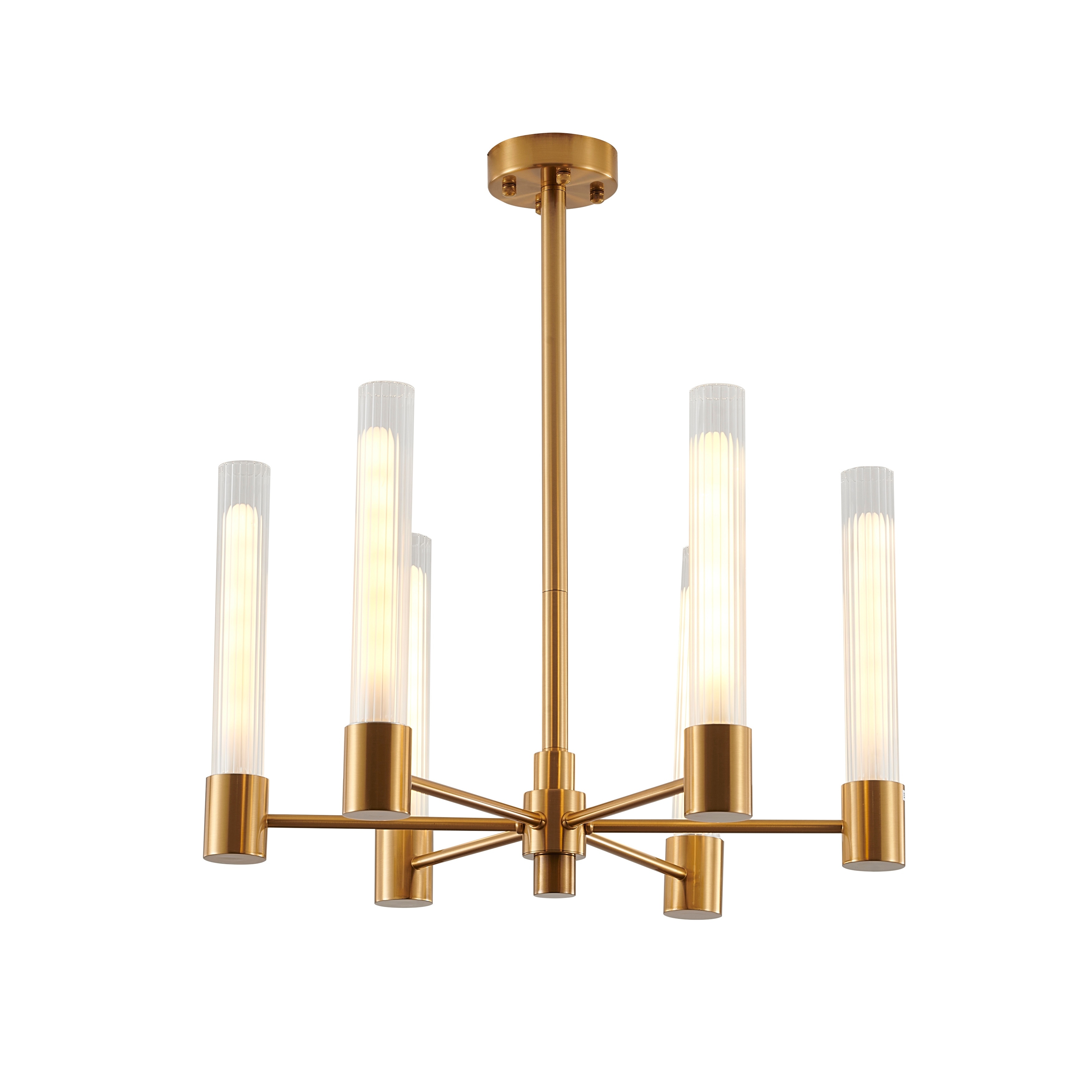 Transitional 6-Light Brass Chandelier With Ribbed Clear Glass Shades