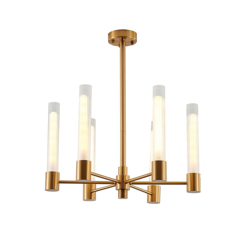 6-Light Brass Chandelier With Ribbed Clear Glass Shades