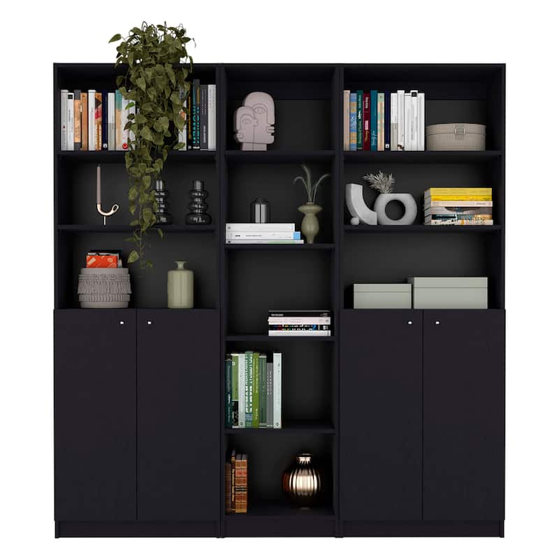 71inch Black Five Tier Bookcase with Four Doors