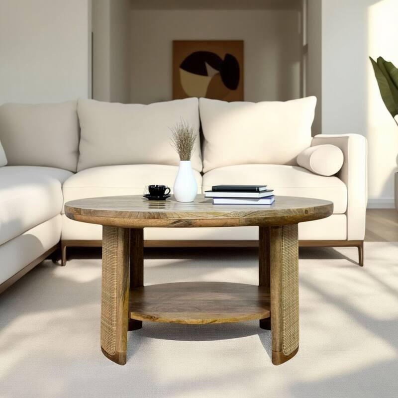 Marlowe Drum-Style Coffee Table - Solid Blonde Acacia Wood Top with Handwoven Cane Drum Base Table