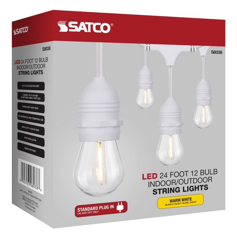24Ft LED String Light Includes 12-S14 bulbs 2000K White Cord