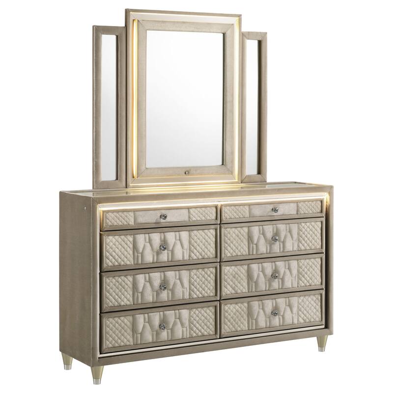 Lorient 8-drawer LED Bedroom Dresser Cabinet Ivory and Camel - Dresser with Mirror