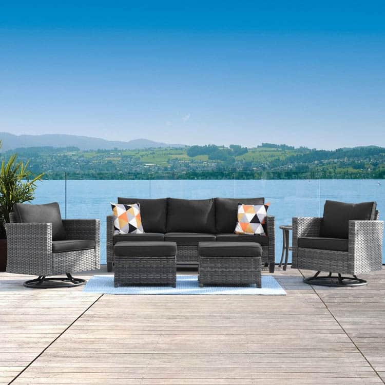 OVIOS 6-piece Patio Wicker Conversation Sofa Set with Swivel Rocking Chairs - Black