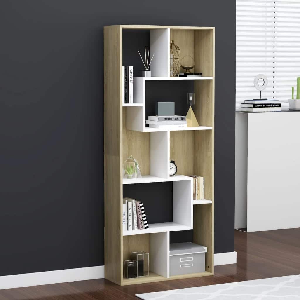 vidaXL Book Cabinet White and Sonoma Oak 26.4"x9.4"x63.4" Engineered Wood