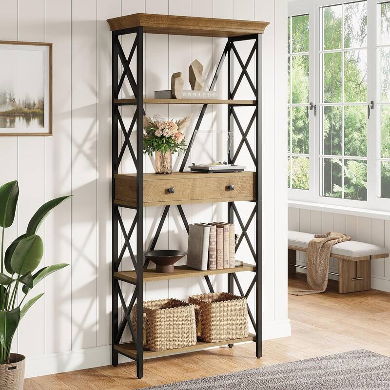 70.9" Wood Bookshelf with Drawers, Open Storage Shelf Bookcase, Living Room Office Bedroom Display Accent Shelf