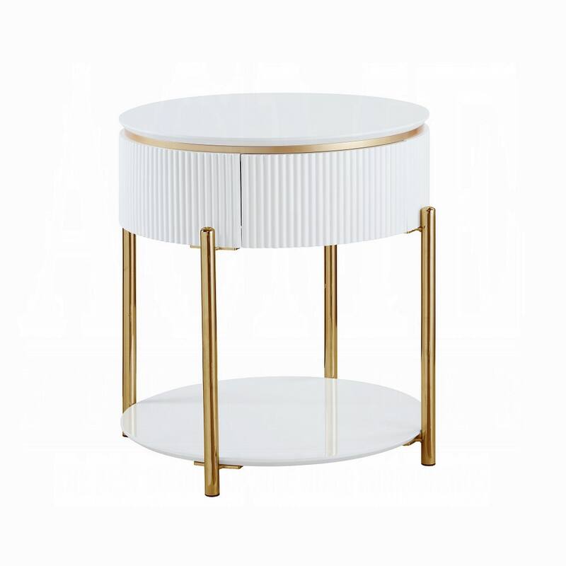 Tyce Side End Table with Drawer, 22 Inch Glossy White, Gold Metal