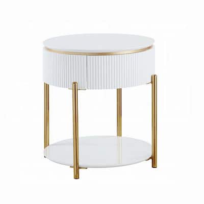 Tyce Side End Table with Drawer, 22 Inch Glossy White, Gold Metal