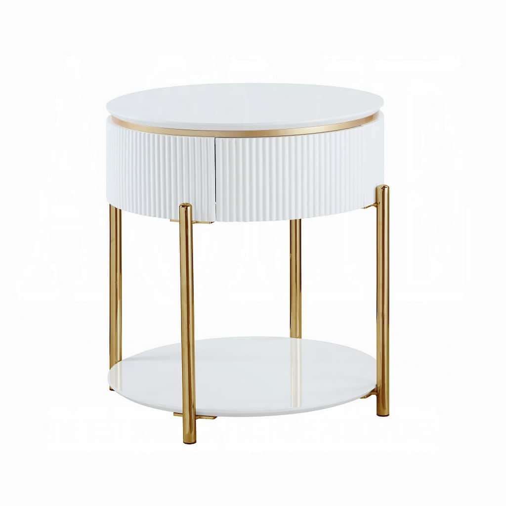 Tyce Side End Table with Drawer, 22 Inch Glossy White, Gold Metal
