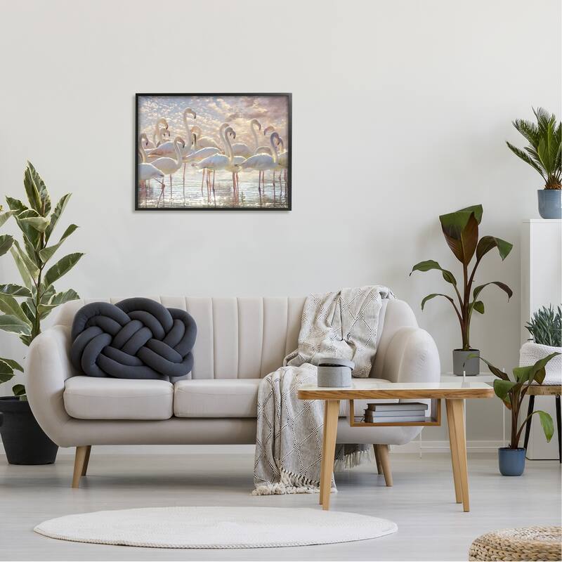 Stupell Pretty Pink White Flamingos Standing Sparkling Water Clouds Framed Wall Art - Multi-Color