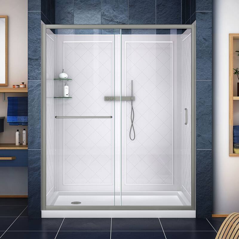 DreamLine Infinity-Z 30 in. D x 60 in. W x 76 3/4 in. H Sliding Shower Door, Shower Base and Backwall Kit - Brushed Nickel Clear Glass Left Drain