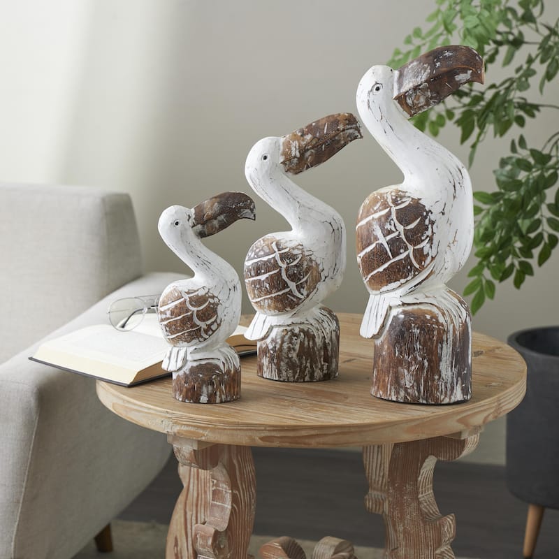 Wood Pelican Handmade Distressed Decorative Sculpture with Brown Accents - Set of 3 White - Roche River Decor