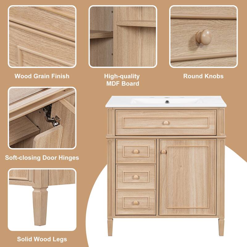 30" Bathroom Vanity with Sink, Solid Wood & MDF Cabinet, Flip-Out Drawer, 2 Soft-Close Drawers, 1 Soft-Close Door