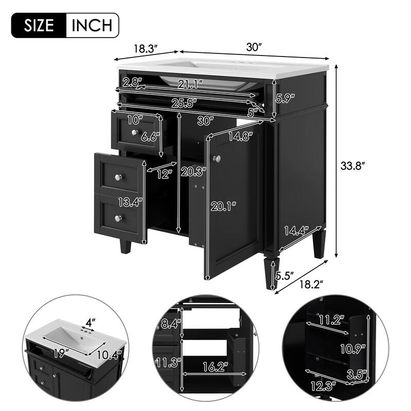 GDFStudio - Halmore Modern Freestanding Bathroom Vanity with Resin Sink, 2 Storage Drawers and a Tip-Out Drawer - 30'W