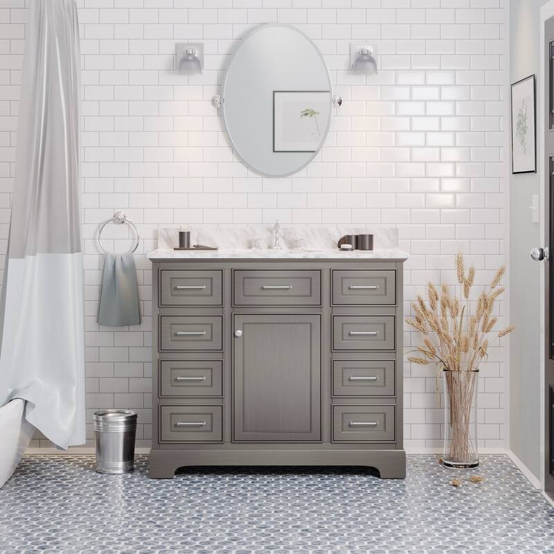 KitchenBathCollection Aria 42" Bathroom Vanity with Carrara Marble Top