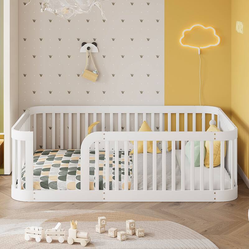 Floor Bed Frame with Fence, Montessori Toddler Bed, No Slats, No Doors, Rounded Corners Wooden Bed
