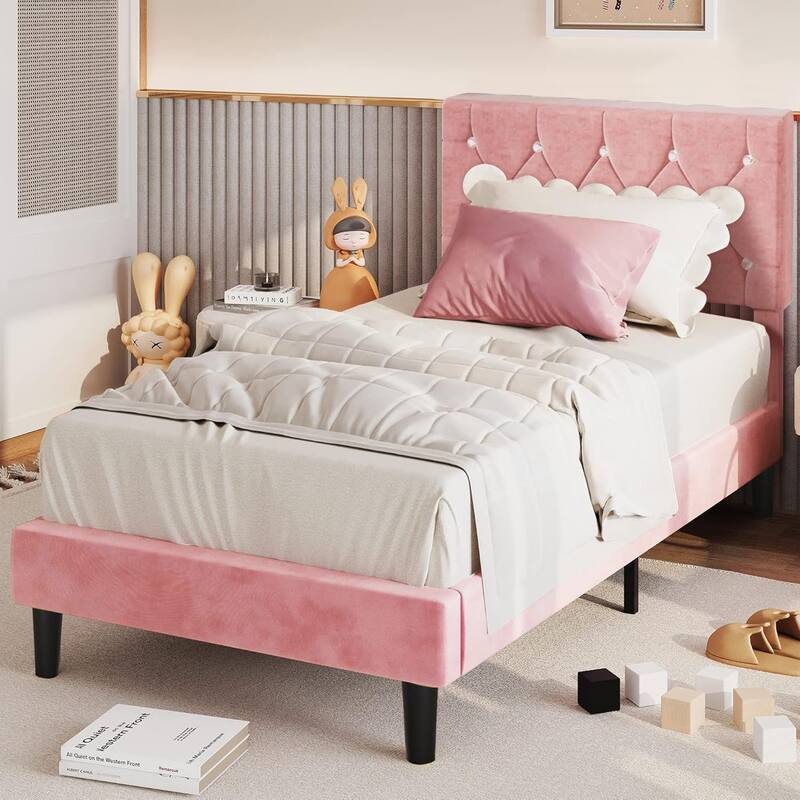 VECELO Upholstered Kids Bed Frame with Diamond Tufted Headoard,Twin Size Bed Set of 2