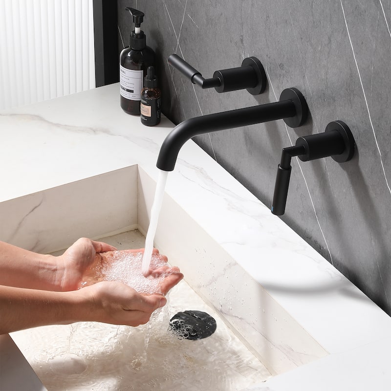 Solid Brass Wall Mounted Widespread 2-Handle Bathroom Faucet With Pop-up Drain Assembly