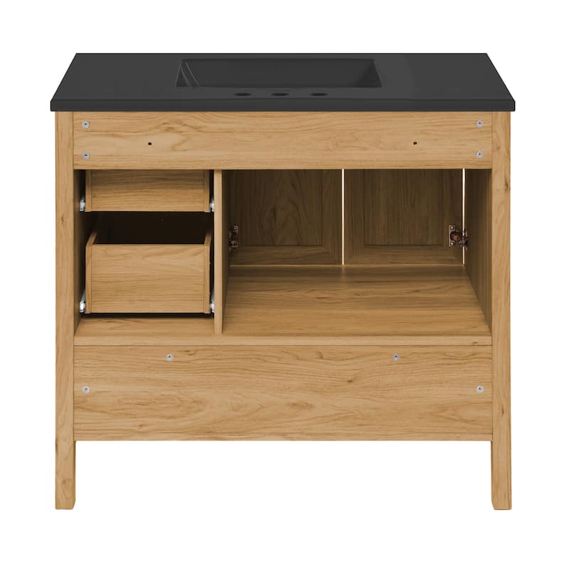 Chteau 36 In. Brown Oak Bathroom Vanity With Black, 3-Hole Ceramic Sink Top