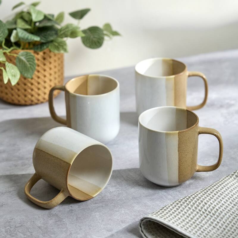Sango Phoebe Caramel/White Coffee Mugs Set of 4, 15 oz Ceramic Cups