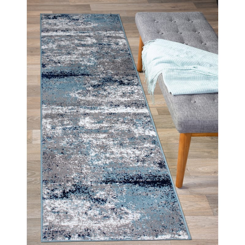 World Rug Gallery Distressed Abstract Watercolor Area Rug - 2' x 10' - Blue