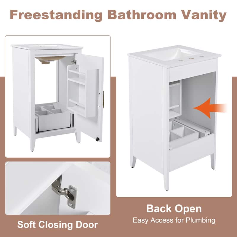 20.3 Inch Bathroom Vanity with Ceramic Sink, Drawer Storage, Soft Close Door, 8-Inch Faucet Compatible