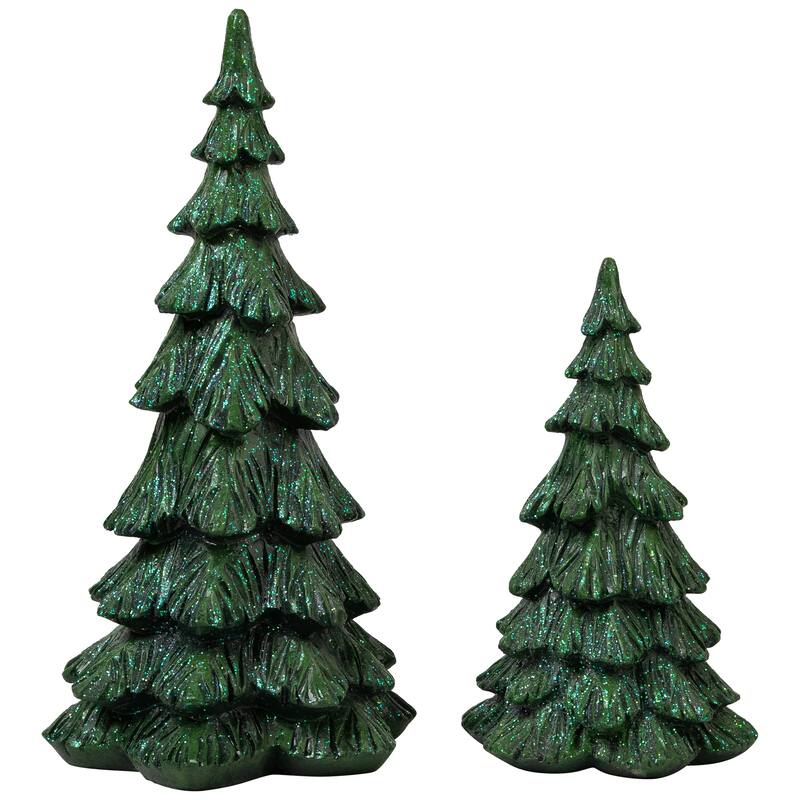 Carved Glittery Trees Christmas Decorations - Set of 2 - Green - 11.5"
