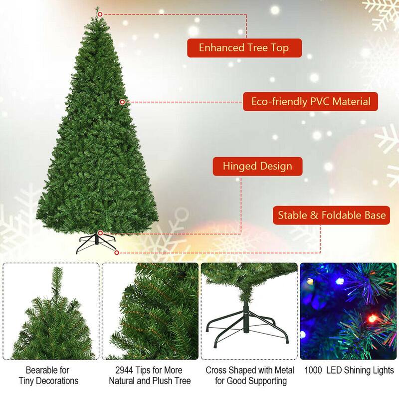 Gymax 5-9FT Pre-Lit Christmas Tree Hinged Artificial Tree w/ Metal