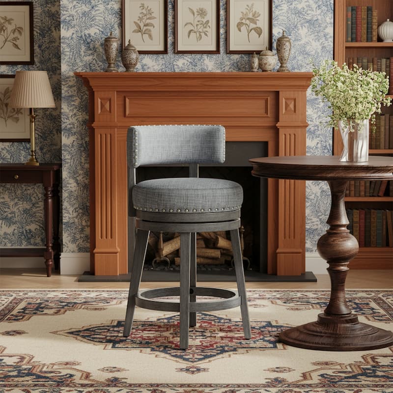 Modern Velvet Swivel Bar Stool - 25" or 30" Counter Height with Adjustable Footrest & Walnut Base, for Kitchen Islands - Single - Grey - Counter Height