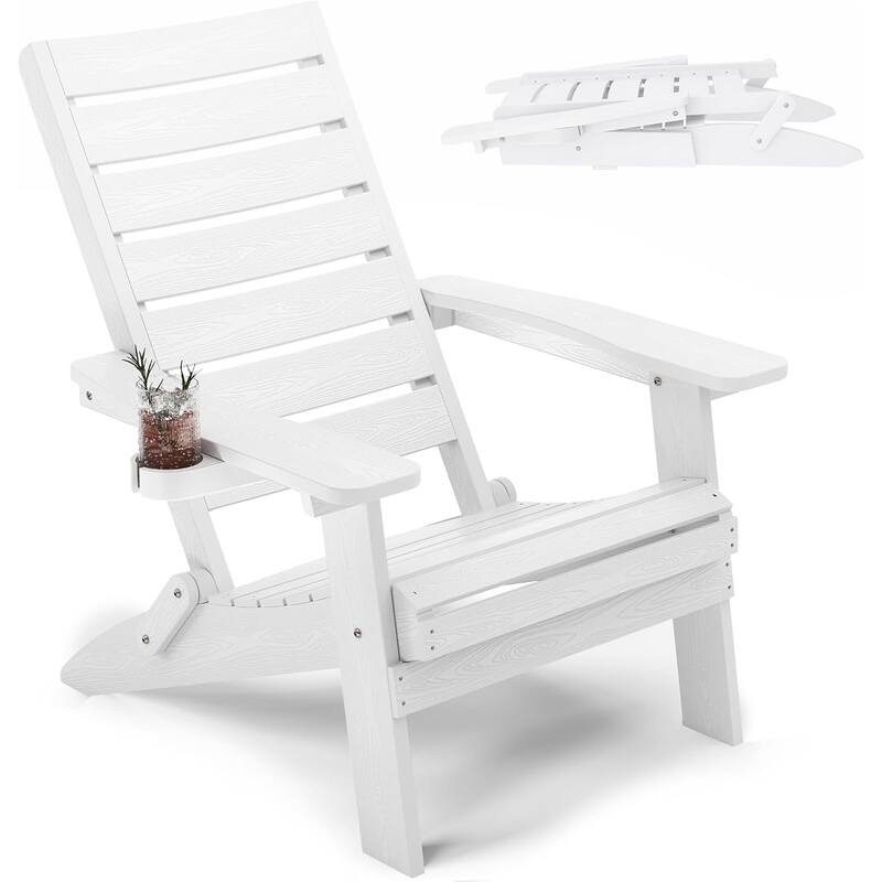 WINSOON HIPS Folding Adirondack Chairs with Arc Back & Cup Holder - White