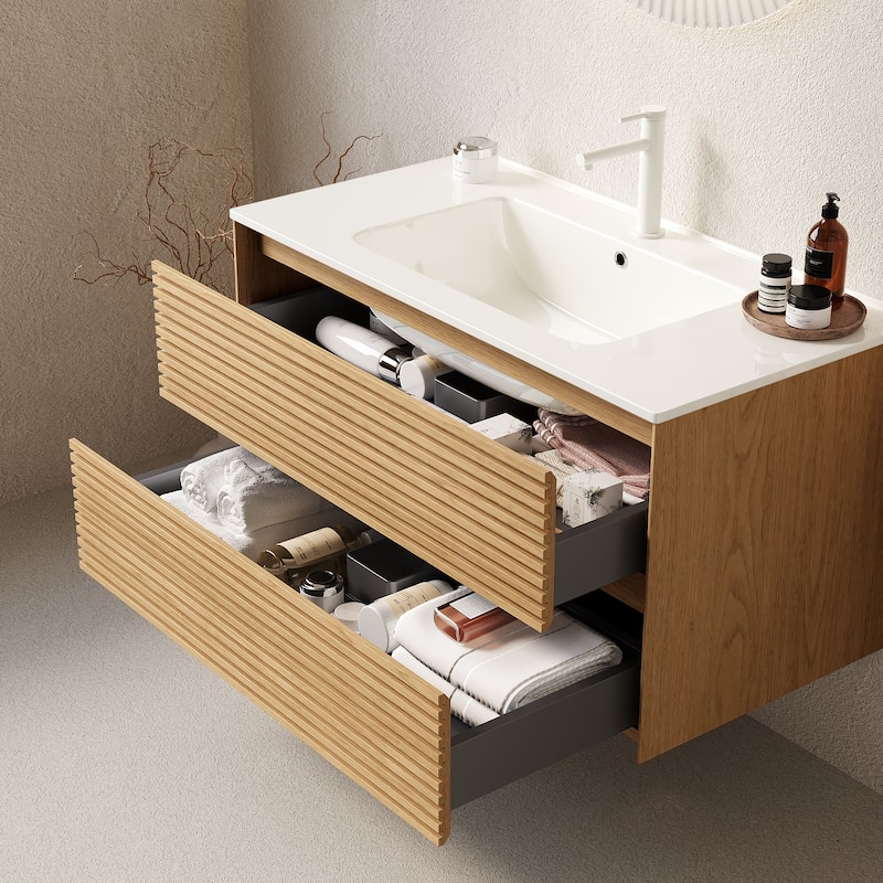 GDFStudio - Bron Modern Floating Bathroom Vanity with Integrated Rectangular Ceramic Basin and 2 Soft-Close Drawers, NO Faucet