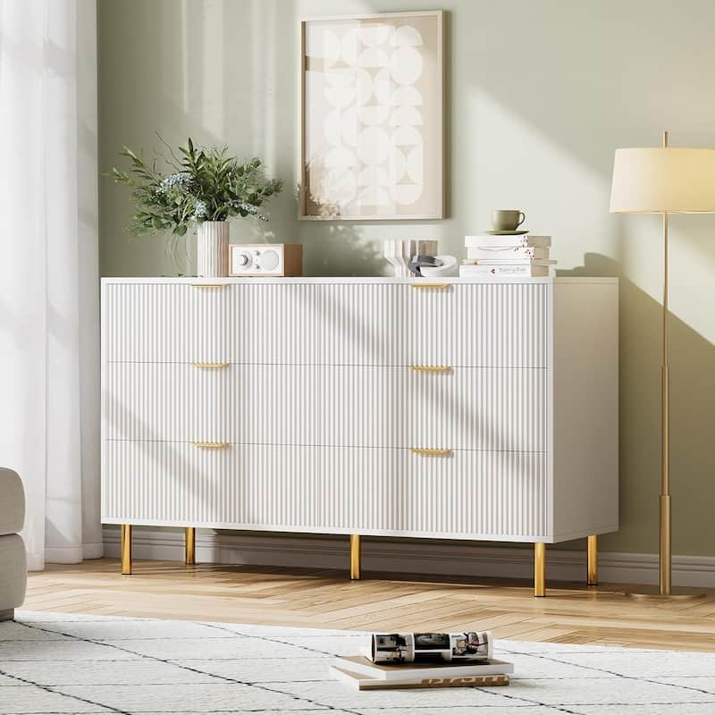 6 Drawer Dresser for Bedroom with Gold Handles, Modern Wooden Chest of Drawers - White