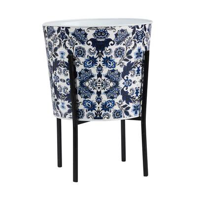 16" Orietnal Blue and White Classic Round Metal Planter with Stand - 16