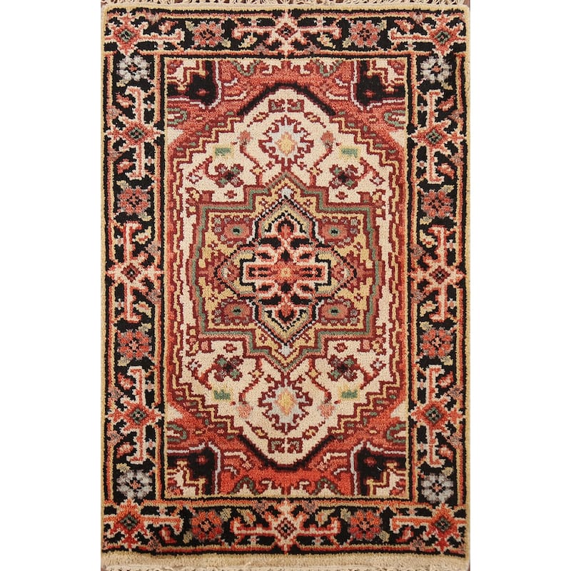 Geometric Heriz Serapi Indian Rug Handmade Beige Foyer Wool Carpet - 2'0"x 3'0"