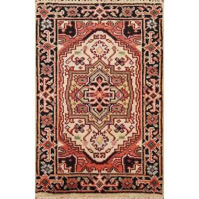 Geometric Heriz Serapi Indian Rug Handmade Beige Foyer Wool Carpet - 2'0"x 3'0"