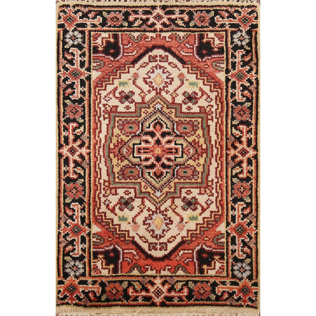 Geometric Heriz Serapi Indian Rug Handmade Beige Foyer Wool Carpet - 2'0"x 3'0"