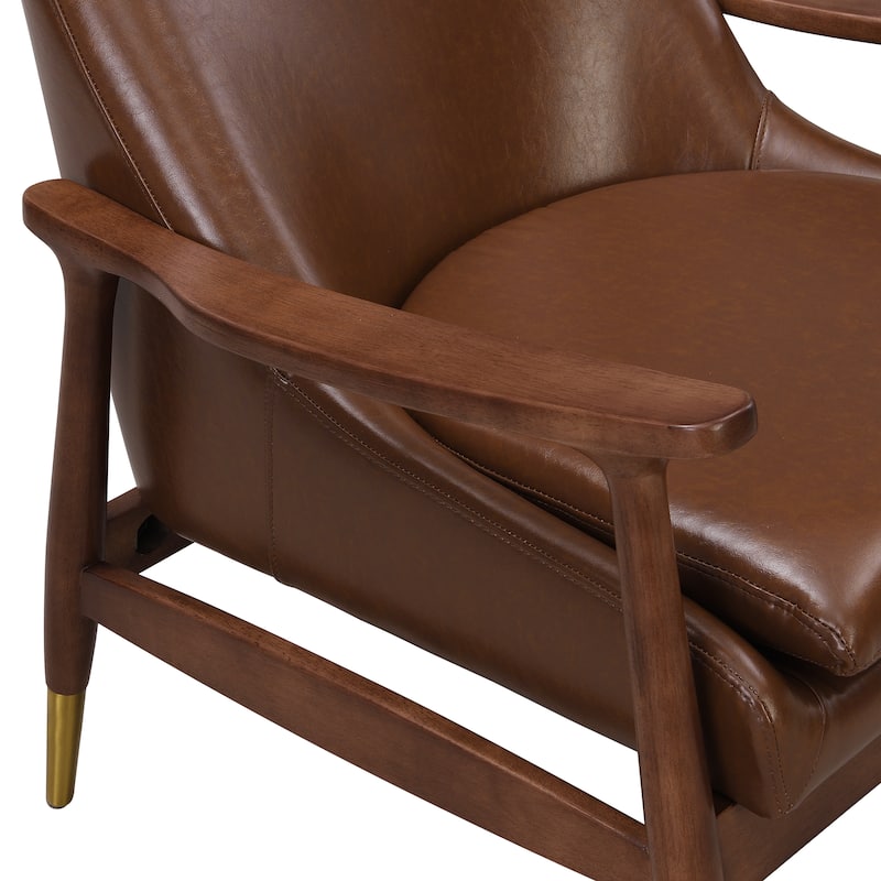 Faux Leather Mid-Century Accent Chairs (Set of 2) with Cushioned Seats, Solid Wood Frames, and Brass-Tipped Legs