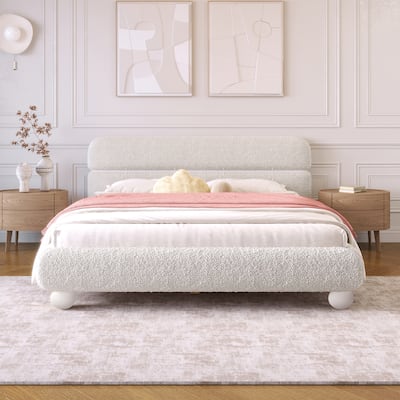 Contemporary Upholstered Bed with Teddy Fleece Boucle Fabric and Solid Round Legs Stylish Curve-Shaped Design,Queen Size
