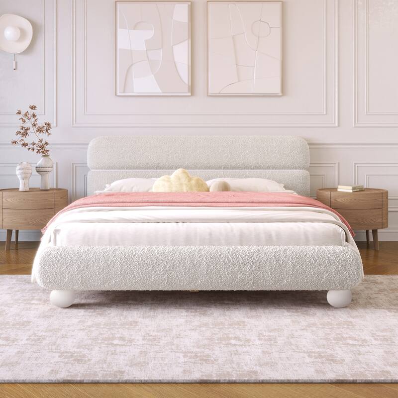 Queen Size Low Profile Upholstered Bed with Teddy Fleece Boucle Fabric and Solid Round Legs, Stylish Curve-Shaped Headboard