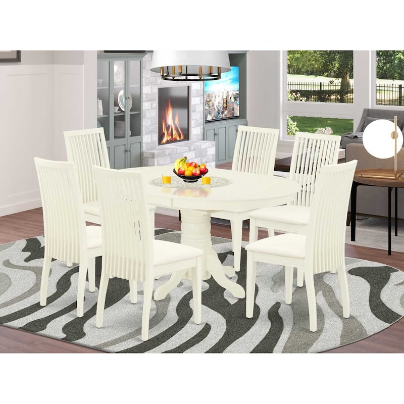 HomeStock 7-Pc Oval Linen White Finish Solid Wood Top Dining Table with 6-Chairs with Butterfly Leaf