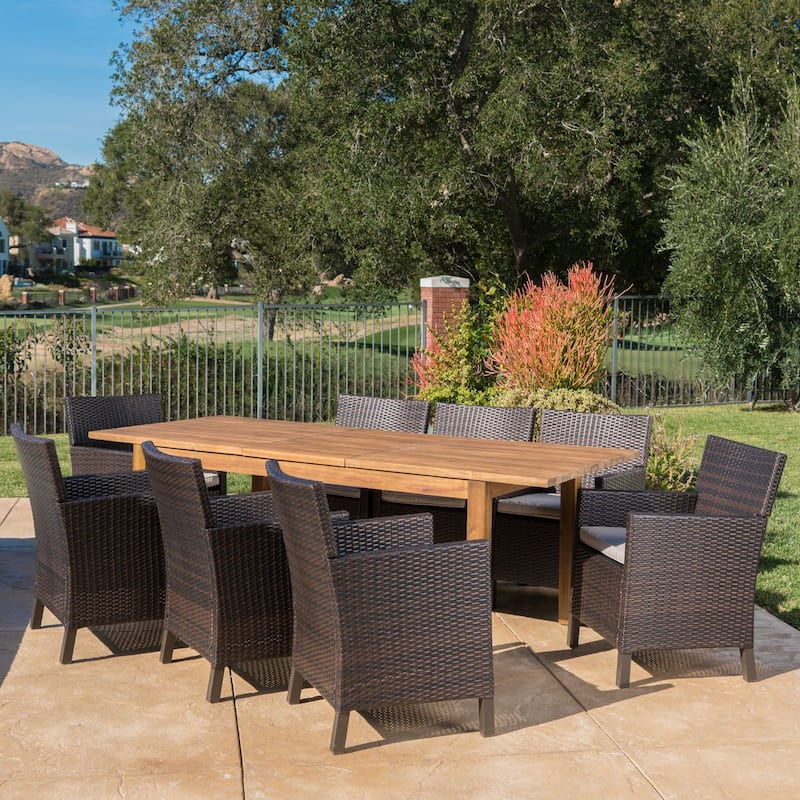 Cobalt Outdoor Wicker Wood Expandable Rectangle Dining Set with Cushions by Christopher Knight Home - 9-Piece Sets
