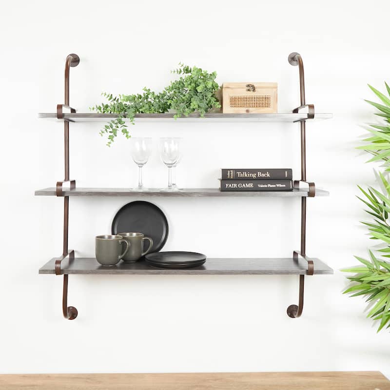 3 Level Wood Wall Shelf with Black Metal Brackets - Brown or Gray