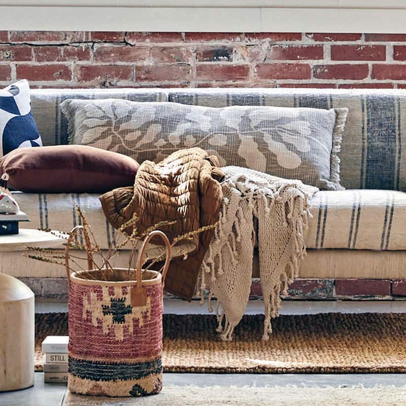 Cotton Lumbar Pillow with Botanical Print and Fringe - 36.0"L x 16.0"W x 2.0"H