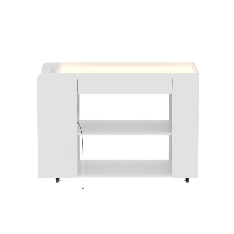 LED Kitchen Island with Tempered Glass Top, Rolling Storage Cabinet with 3-Color Lighting