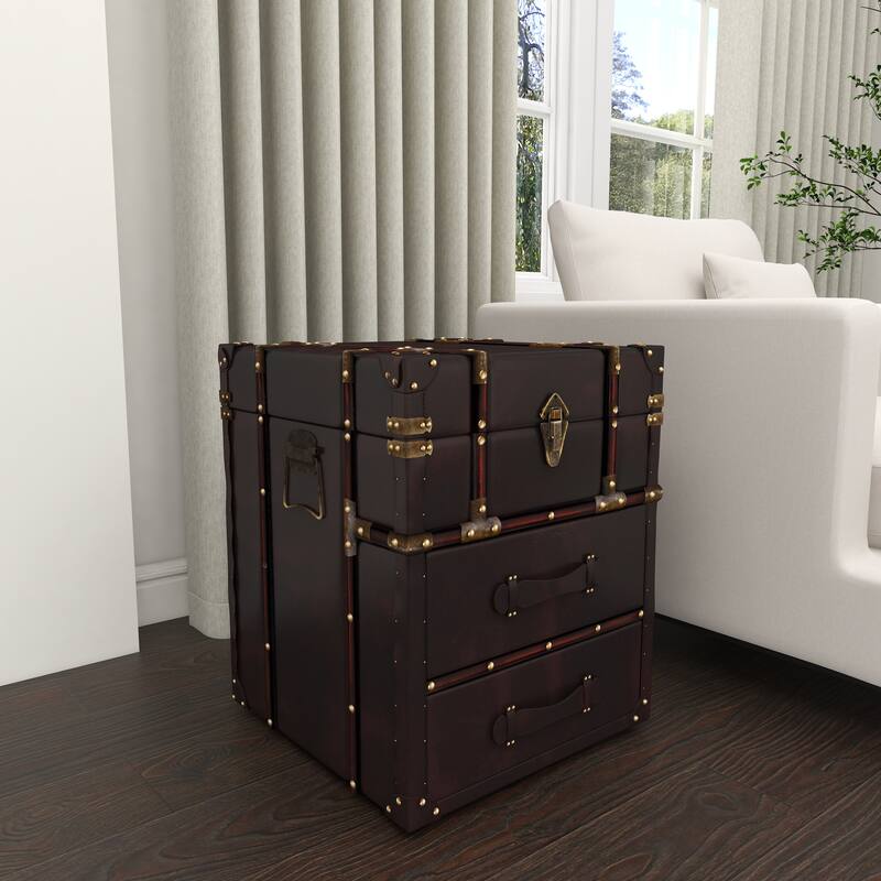 Dark Brown Faux Leather Vintage Faux Leather 2 Drawer Cabinet with Buckle Hinged Top