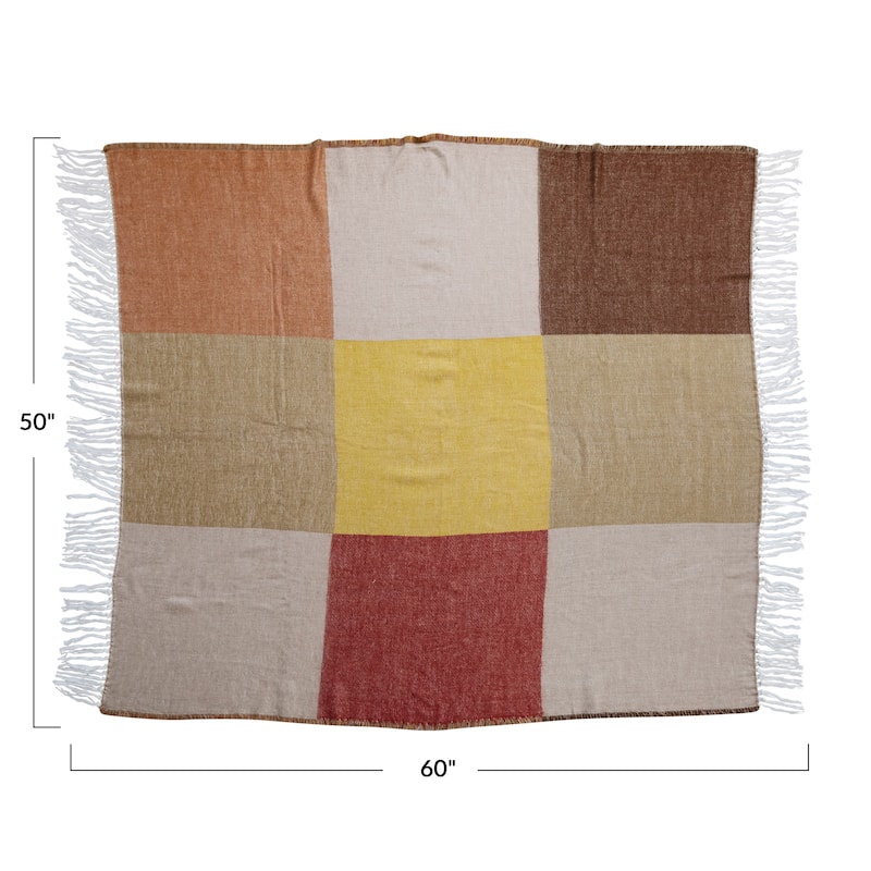 Cotton Blend Throw Blanket with Block Print and Fringe - Multi - 60.0"L x 50.0"W x 0.3"H