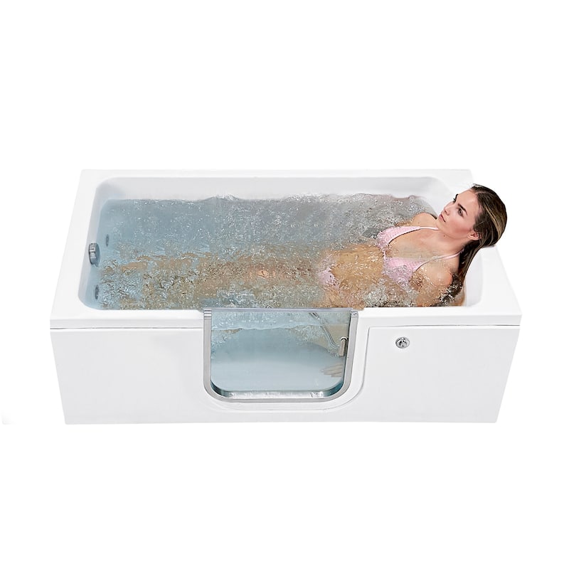 Ella Laydown 30x60 Walk in Bathtub, Waterfall Wall Mount Faucet, Hand Shower, Slider Bar in Chrome - Hydro Massage - Left Drain